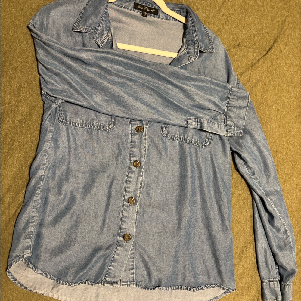 Blue Faux Denim Button-Up Long Sleeve Shirt